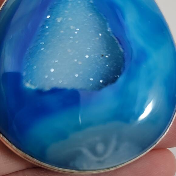 Handmade Silver Pendant Featuring Blue Druzy Agate Teardrop Crystal Slice Design - Picture 6 of 10